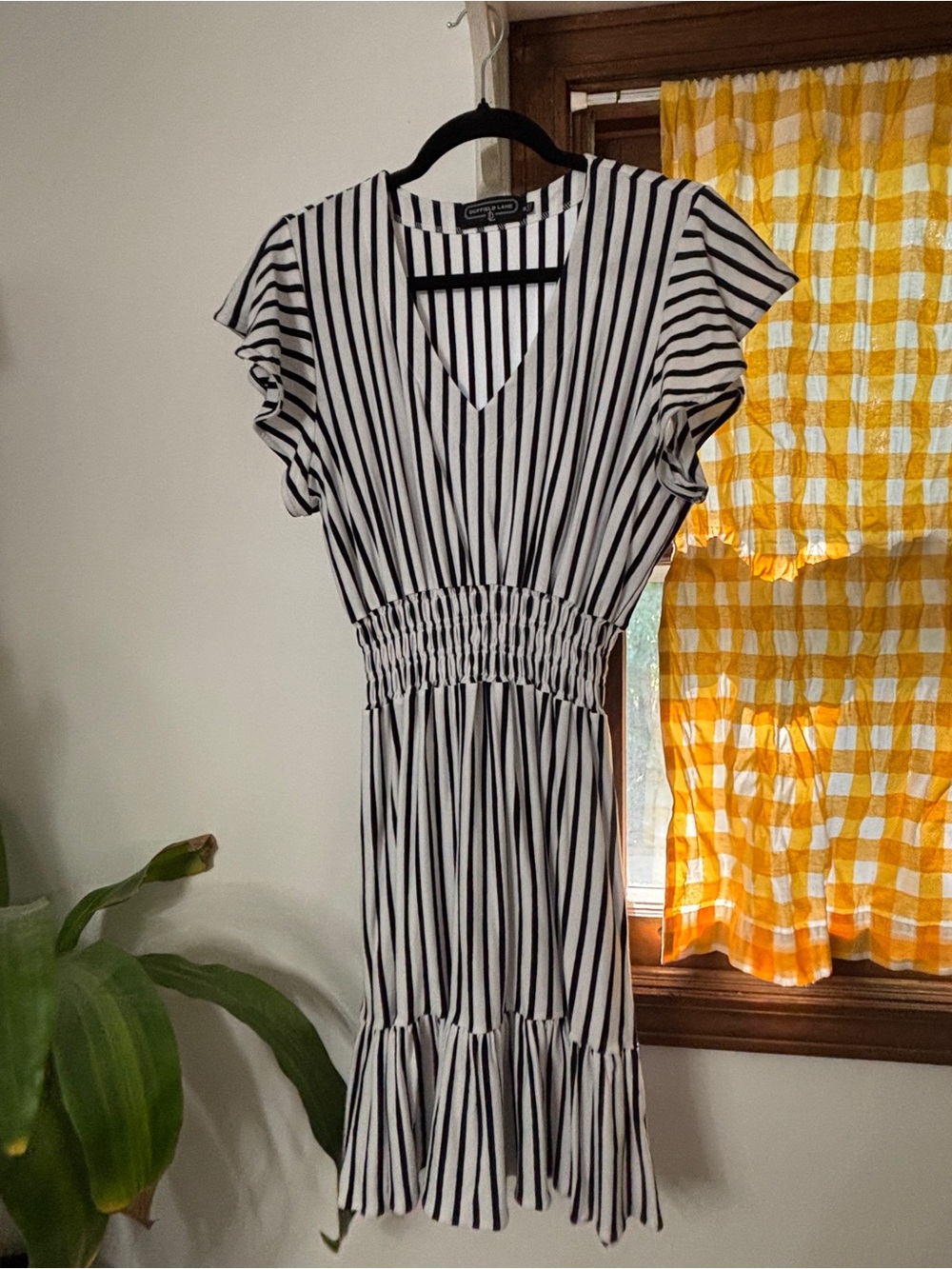 Duffield Lane Black and White Striped V‑Neck Smocked Midi Dress